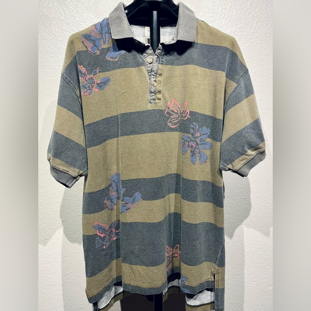 Vintage Striped Floral Patterned Polo T-Shirt - Size L (Men’s)